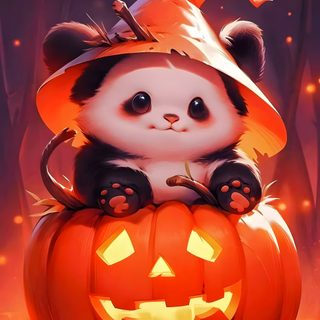 a panda bear sitting on top of a pumpkin Cute Halloween Panda Autumn Spooky Art, Cute Fall Inspiration, Cute Panda In Witch Hat On Pumpkin, firebrick