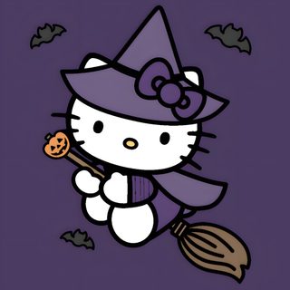 hello kitty is flying on a broom with a pumpkin in her hand while wearing a witches hat Purple Hello Kitty Halloween Hello Kitty Bruxa, Hello Kitty Halloween Pic, Halloween Hello Kitty Icons, dark slate gray