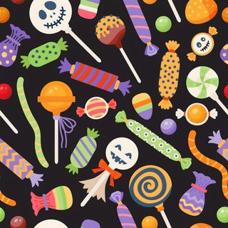 an assortment of halloween lollipops and candy on a black background seamless Halloween Fabric Candy Halloween Design Halloween Colors, Trick Or Treat Candy, Candy Halloween Decorations, black
