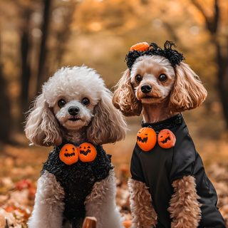 two poodles dressed up in halloween costumes sitting on the ground with pumpkins Halloween Poodle Dog Pumpkin, Dogs With Pumpkins, Cute Dog Halloween, Dog Halloween Iphone, sienna