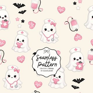 seamless pattern with white and pink teddy bears, hearts, stars and bats on a light pink background Halloween Nurse old lace