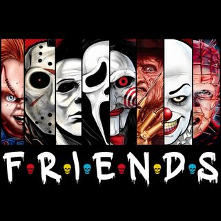 the words friends are painted in different colors and sizes, with faces drawn on them Halloween Horror Friends Horror Friends, Horror Movie Friends, Halloween Horror Friends, black