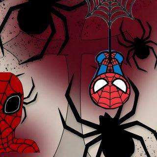 two spider - man faces are shown in front of some webs Cute Halloween For Boys Cute Spiderman Background, Spiderman Heart Web, Hello Kitty Spiderman Iphone, saddle brown
