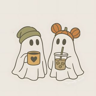 two ghost with coffee cups in their hands, one is holding a cup and the other has Cute Halloween Bff Cute Aesthetic Halloween Pictures, Halloween Disney Aesthetic, Cute Halloween Disney, gainsboro