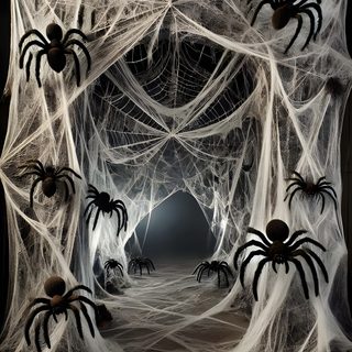 an outdoor halloween decoration with spider webs and pumpkins Halloween Party Ideas Homemade Halloween Decorations, Spider Web Hallway, Spider Backdrop, dark olive green
