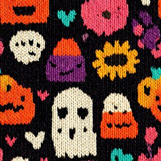 a colorful knitted pattern with skulls and pumpkins on black background, which has been designed in the style of pixelism Halloween Fair Isle Design Textile, Phone Icon, Textile Patterns, Textiles, Tricot, Halloween, dark slate gray