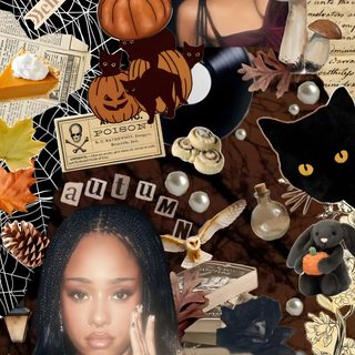 a woman surrounded by many different items and things on her face, including pumpkins Katseye Halloween Animal Crossing Funny, Pretty Phone, Cute Images For, Cute For Phone, dark olive green