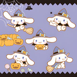 a group of cartoon dogs dressed up as witches and pumpkins on purple background with spider web Cinnamoroll Halloween Gif Cinnamoroll Pumpkin Painting, Cinnamoroll Pumpkin Carving, Cinnamoroll Pumpkin Stencil, light steel blue