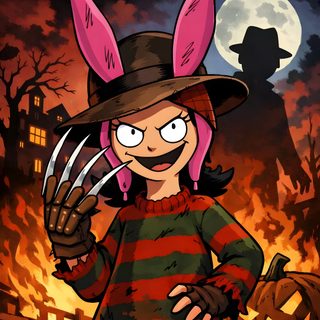 a cartoon character with pink hair wearing a hat and holding a jack - o'- lantern Bobs Burger Halloween Bob's Burgers, Fan Art, maroon