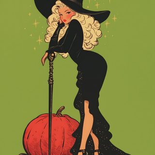 an illustration of a woman dressed as a witch leaning on a broom next to a pumpkin Pinup Halloween Classic Witch, Hot Witches, Spooky Vintage, Witch Poses Reference, Pin Up Girl Art, olive drab