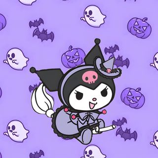 a cartoon character flying through the air with skulls and pumpkins in the back ground Halloween Purple Halloween Cute Kuromi Hello Kitty Halloween, Halloween Kuromi Aesthetic, Halloween Kuromi, plum
