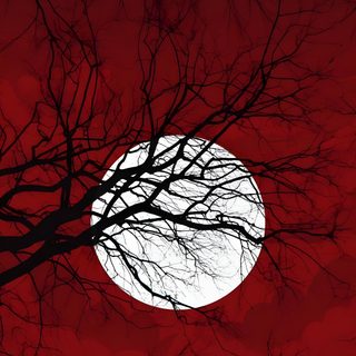 the full moon is seen through some bare trees in front of a red and black sky Red Halloween Iphone Red Moon Forest, Red And Black Moon, Aesthetic Anime Red Moon, maroon