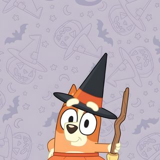 a cartoon character holding a broom and wearing a witches hat Bluey Halloween Iphone Easy Halloween Drawings, Bluey Halloween, Halloween Drawings, Halloween Inspo, silver