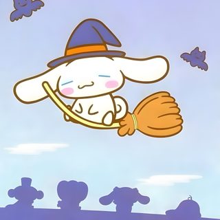 a cartoon character flying through the air with a hat and gloves on his head, holding a broom Cinnamoroll Halloween Ipad Sanrio Halloween Pictures Cinnamoroll Halloween, Cinnamoroll Halloween, Cinnamoroll Halloween Pfp, gainsboro