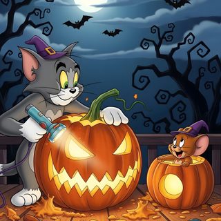 a cat that is sitting in front of a pumpkin Tom And Jerry Halloween Looney Tunes Halloween, Halloween Cartoon Pictures, Halloween, dark olive green