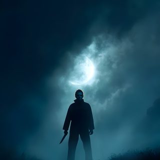 a man standing on top of a grass covered field under a cloudy sky with a knife in his hand Halloween The Movie Michael Myers Jason Voorhees, Micheal Myers 4k, Slasher 4k, 4k Michael Myers, black