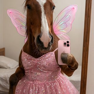 a horse wearing a pink dress and holding up a cell phone in front of its face Cute Halloween Horse Paper Horse, Funny Horses, Funny Horse, 3d Art, Funny Photos, Funny Images, rosy brown