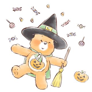 a teddy bear dressed as a witch with a broom and pumpkins in the background Aesthetic Halloween Care Bear Care Bear Halloween Cartoon, Pumpkin Carebear, Care Bear Halloween Drawing, white