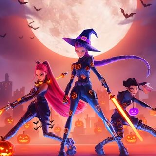 an animated halloween scene with witches and pumpkins Kpdh Halloween Lounge Wear Set, League Of Legends Halloween, Jinx Wild Rift, indian red