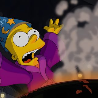 the simpsons character is wearing a party hat and holding his hands up in front of him Simpsons Halloween 4k Lisa Simpson Witch, The Simpsons Halloween, The Simpson Halloween, dark slate gray