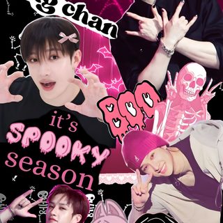 the collage has been altered to look like it's halloween season, and is pink Skz Halloween J Letter Iphone Aesthetic, Wattpad Background, Kids Collage, Kids Background, medium violet red