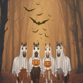 three horses wearing ghost costumes standing in the woods with bats flying above them and pumpkins on their heads Cute Halloween Horse Horse Halloween Backgrounds, Halloween Horse, Horse Halloween Cartoon, sienna