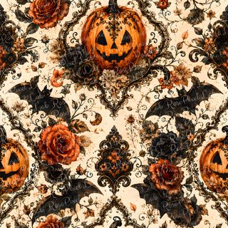 an orange and black pattern with pumpkins, roses and bats on it's surface Damask Halloween Halloween Pattern Design, Halloween Iphone Backgrounds, Gothic Pattern, sienna