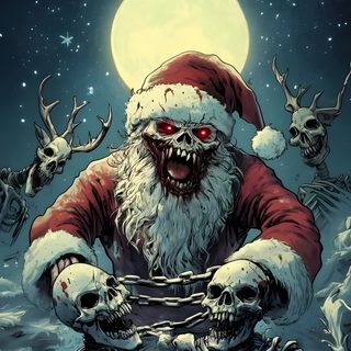 a santa clause riding a motorcycle in the snow with reindeers flying above him and on his back Halloween Santa Claus Christmas Scary, Krampus Iphone, Merry Krampus, Christmas Horror, dark slate gray