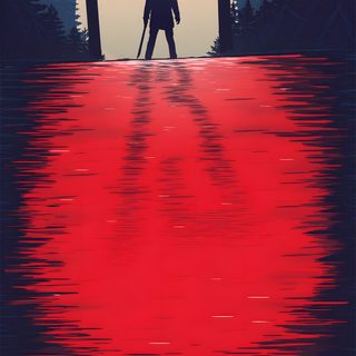 a man standing on top of a lake next to a forest under a full moon Camp Crystal Lake Halloween Crystal Lake Background, Jason Voorhees Black Background, Camp Crystal Lake Art, dark slate gray