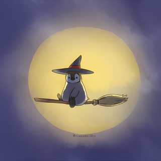 a cartoon character sitting on top of a broom in front of a full moon with clouds Penguin Halloween Piplup Desktop, Penguin Desktop, Autumn Penguin, Penguin For Pc, dark slate blue