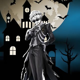 a man dressed as a skeleton standing in front of a full moon Halloween Anime Boy black