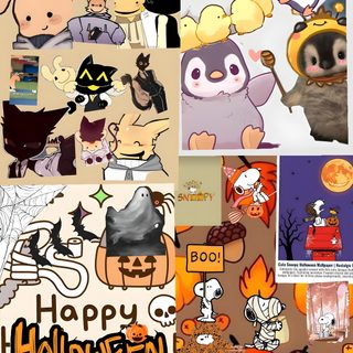 many different pictures of halloween characters and pumpkins Penguin Halloween tan