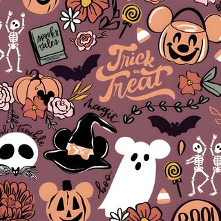 a bunch of halloween stickers that are on a purple background with the words trick or treat Disney Halloween Halloween, Halloween Iphone Backgrounds, Halloween Backgrounds, Halloween Cute, dim gray