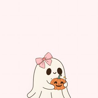 a ghost with a pumpkin in its hand and a pink bow on it's head Aesthetic Halloween Girl Halloween Backgrounfs, Cute Iphone Halloween, Halloween Wallpapaer, lavender blush