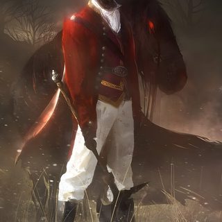 a painting of a man in red coat and white pants standing next to a horse Halloween Headless Horseman Headless Horse Rider, Headless Horseman Concept Art, Headless Horseman In The Dark, dark olive green