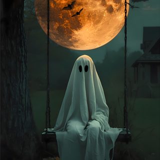 a ghost sitting on a swing in front of a full moon Halloween 4k Ghost Spooky Images, Spooky Halloween Iphone, Halloween Iphone Ghost, black