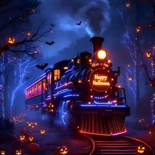 a train with pumpkins on the tracks in front of trees and lights at night Halloween Train Halloween Train, Moving Animated Halloween, Halloween Moving Background, midnight blue