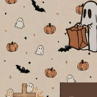 halloween wallpaper with ghost and pumpkins in the air, on a beige background Aesthetic Beige Halloween tan