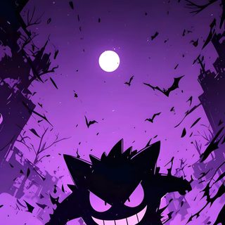 an image of a cartoon character in the dark with bats flying over him and on his head Gengar Halloween Pikachu, Hunter Pokemon, Pokemon Sleeves, Pokemon Backgrounds, Pokemon Sketch, midnight blue