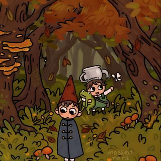 an illustration of two children in the woods with trees and leaves around them, one is wearing a hat Halloween Over The Garden Wall Over The Garden Wall, Arte Sketchbook, Arte Inspo, Cool Art, saddle brown