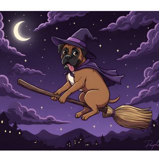 a pug dog dressed as a witch flying through the night sky on a broom Halloween Boxer Dog dark slate gray