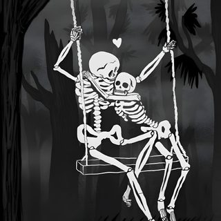 a skeleton sitting on a swing in the woods Halloween Skeletons Skeleton On A Swing, Skeletons Love Aesthetic, Two Skeletons On A Swing, dark slate gray