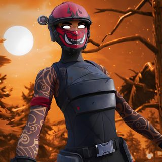 a man in a red and black mask standing next to a forest at night with the sun behind him Fortnite Halloween Fortnite Skin Holding Pickaxe, Fortnite Skins Holding Pickaxe, Fortnite Skin Profile Picture White Background, saddle brown