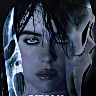 a movie poster with a woman holding a knife in front of her face and the words scream on it Billie Eilish Halloween Scream 7 Cover, Black N White, Halloween Poster, Ghost Face Posters, dark slate gray