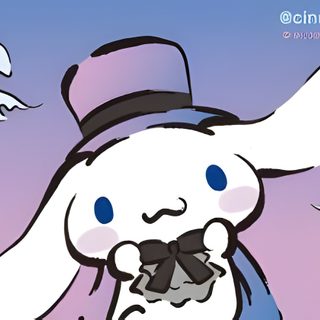 a cartoon rabbit with a hat and scarf on it's head, standing in front of two white birds Cinnamoroll Halloween Laptop Cinnamoroll Ghost Face, Cinnamoroll Halloween Pfp, Cinnamoroll Ghost, silver