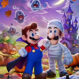 mario and luigi in front of halloween pumpkins Halloween Mario Halloween Mario, Mario Halloween Background, Super Mario Halloween Background, dim gray