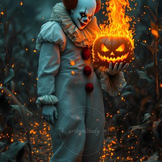 a creepy clown holding a lit pumpkin in his hand with fire coming out of it Scary Halloween Characters dark slate gray