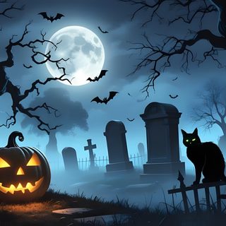 a black cat sitting on top of a wooden bench in front of a cemetery at night Halloween 169 Halloween Landscape, Black Cat Autumn Background, Halloween Scary Backgrounds, dark slate gray