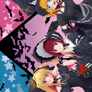 the anime characters are standing together in front of an abstract background with stars and bats Oshi No Ko Halloween Oshi No Ko Poster, Oshi No Ko Anime Cover, Oshi No Ko, Oshinoko Pc, dark slate gray