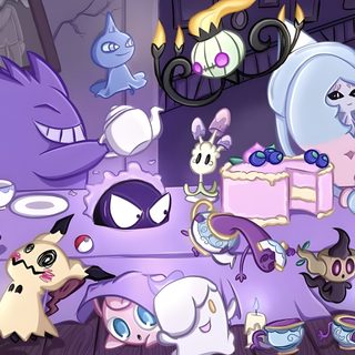 a bunch of cartoon characters gathered around a table with cakes and cupcakes on it Pokemon Halloween Computer Pc Desktop, Pokemon Halloween, Ghost Pokemon, Pokemon Ghost House, light slate gray